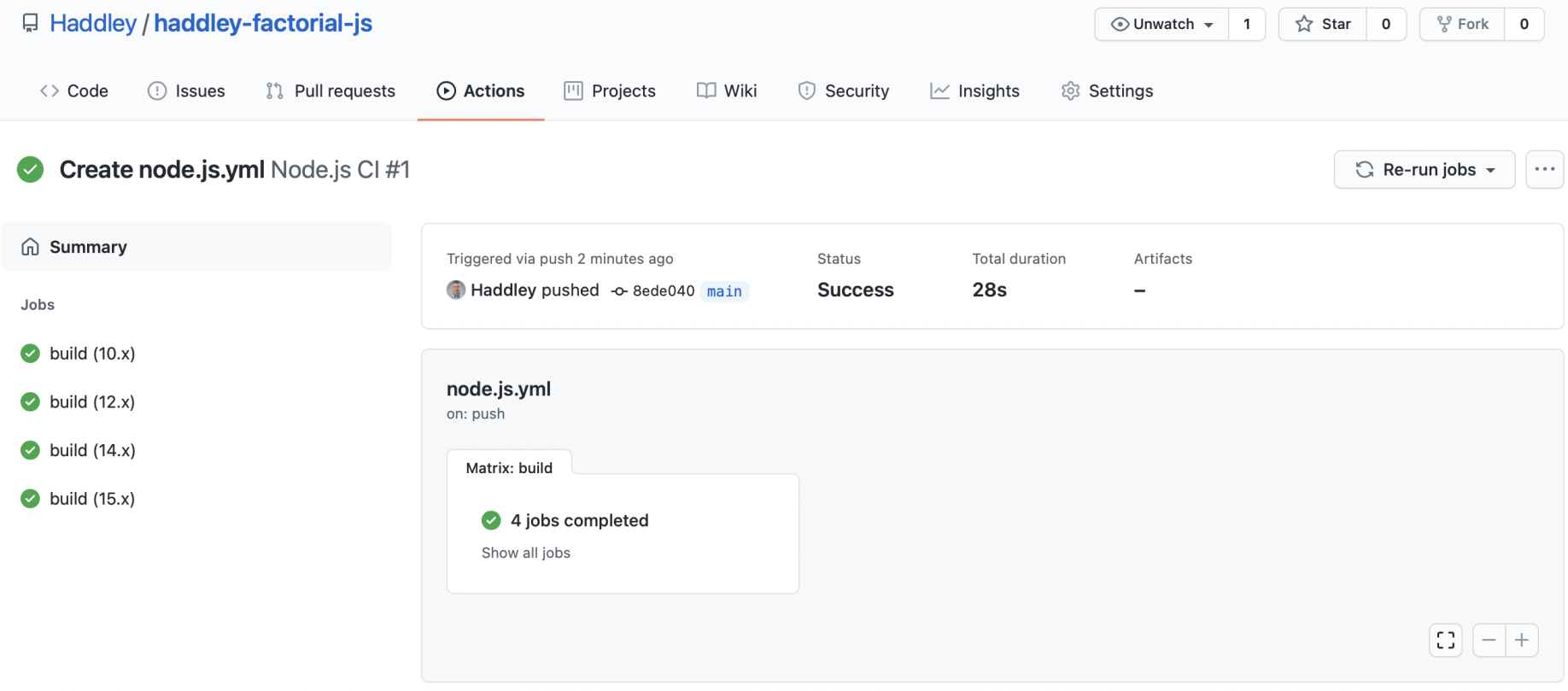 Test results for multiple versions of node
