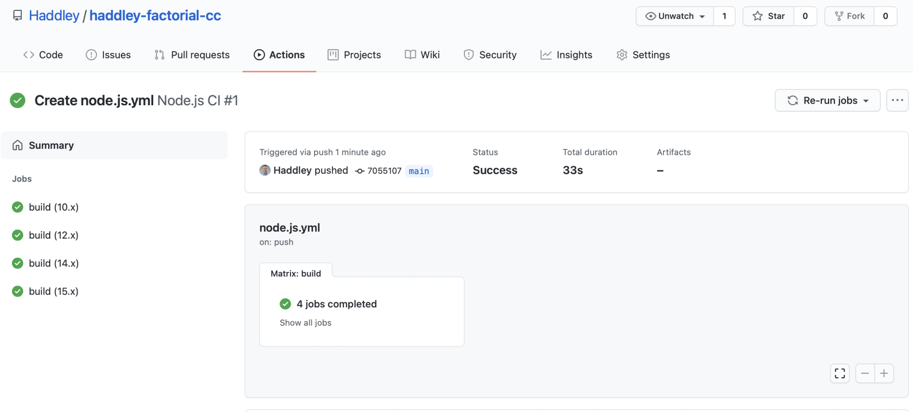 Test results for multiple versions of node