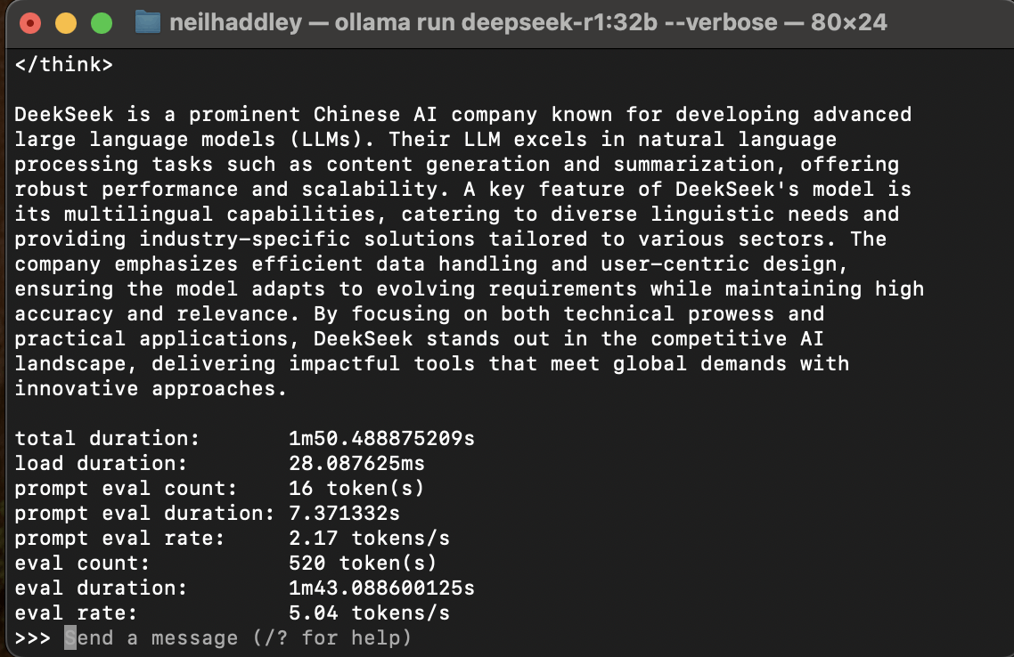 ollama run deepseek-r1:32b --verbose