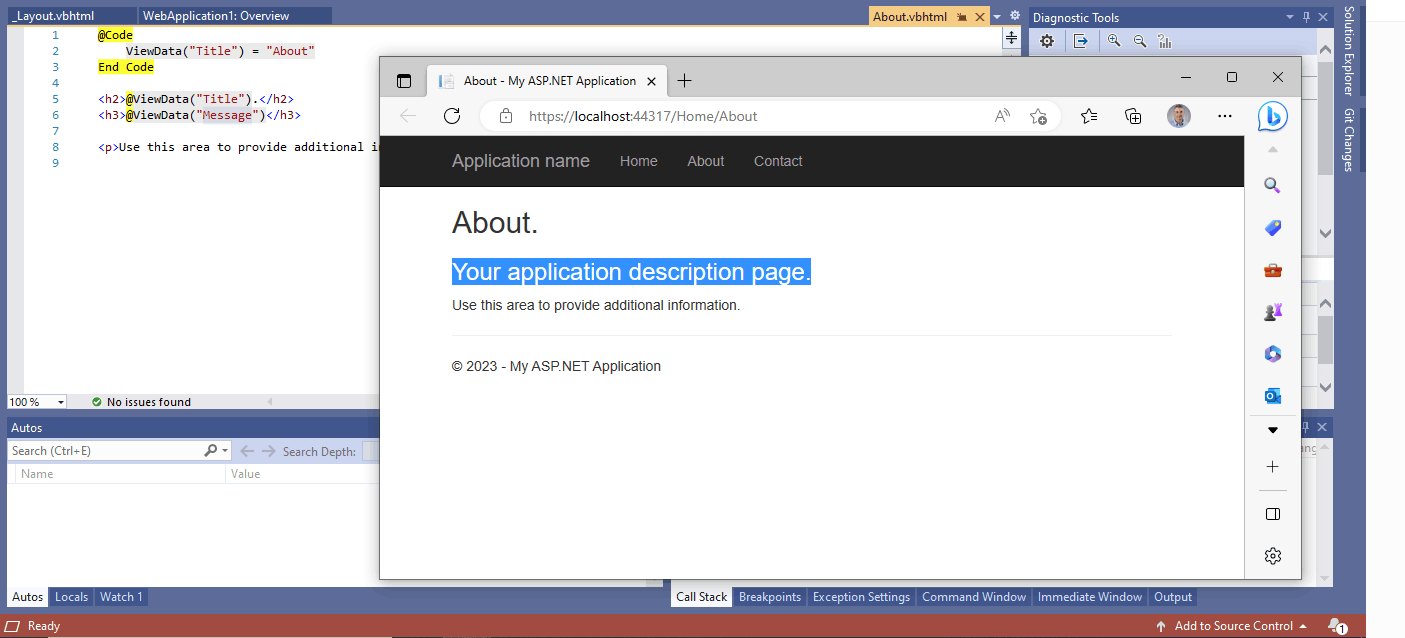Notice that the About view renders the "Message".