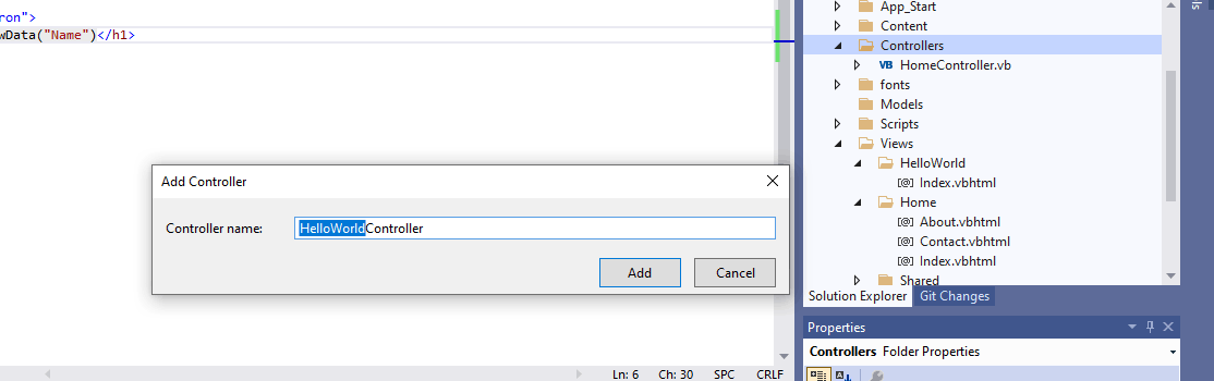 I named the controller HelloWorldController (in line with the folder I had already created)