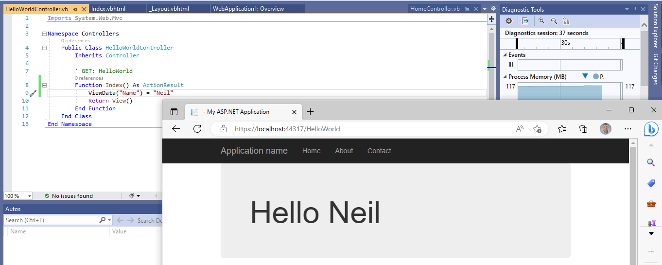 I updated the Controller function to set the "Name" value before returning the view. I refreshed the browser.