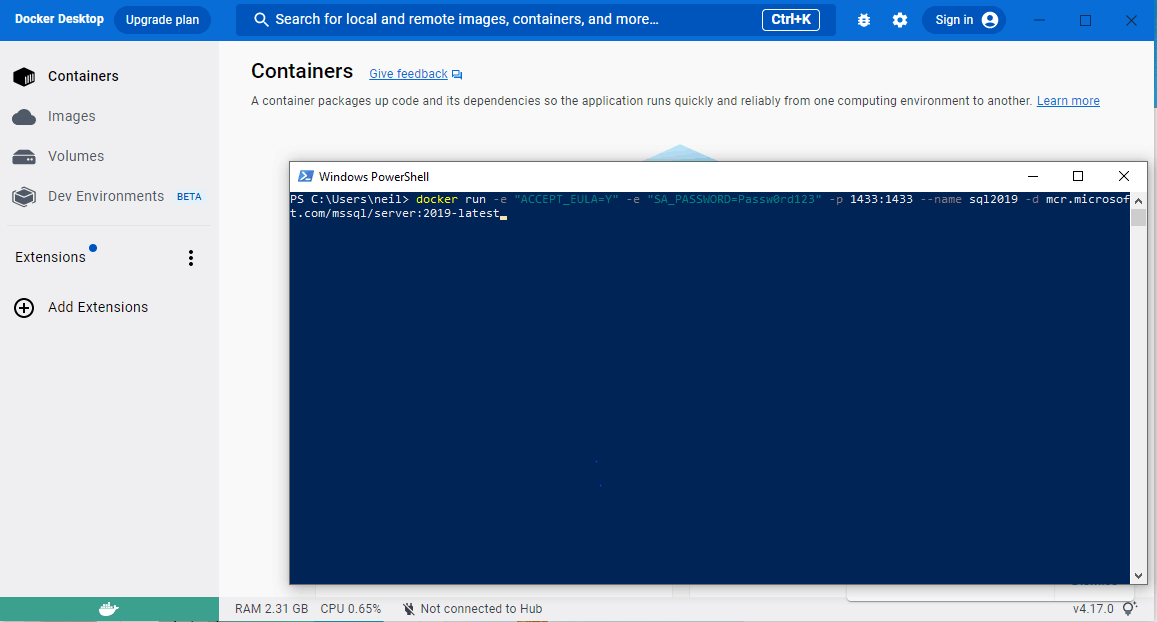 docker run -e "ACCEPT_EULA=Y" -e "SA_PASSWORD=Passw0rd123" -p 1433:1433 --name sql2019 -d mcr.microsoft.com/mssql/server:2019-latest