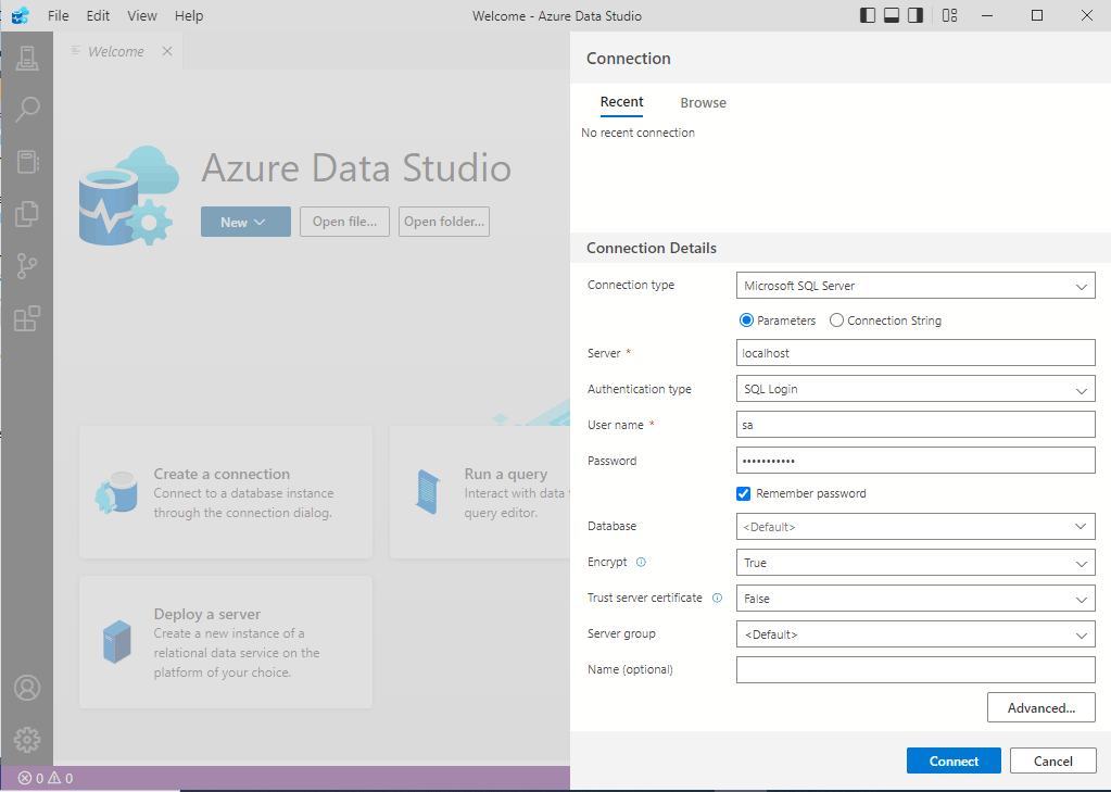 I entered the address of the SQL Server and the credentials