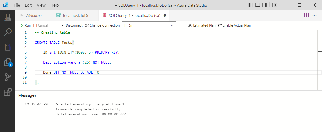 I created a Tasks table (with an automatically assigned ID column, a description column and a done boolean column)