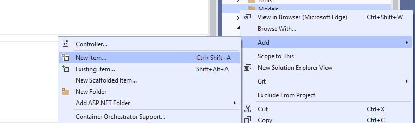 I selected the Models folder and selected the Add | New Item... menu item