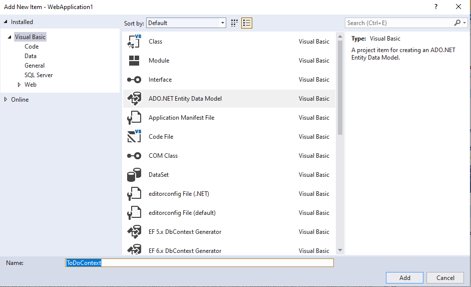 I entered the name ToDoContext and selected ADO.NET Entity Data Model