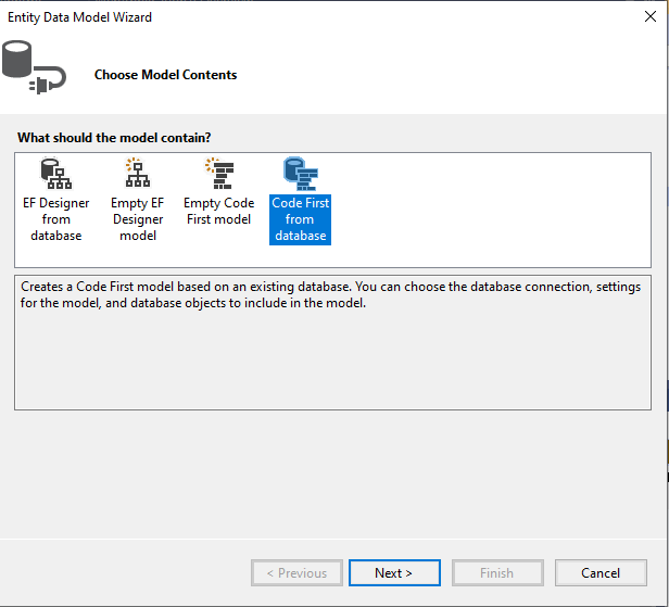 I selected Code First from database