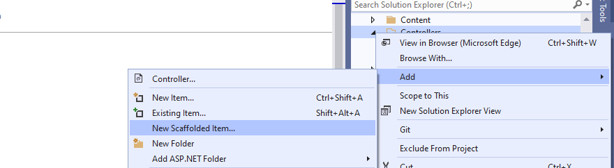 I selected the Controller folder and selected the Add | New Scaffolded Item... menu item