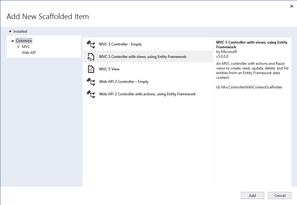 I selected the MVC 5 Controller with view, using Entity Framework option