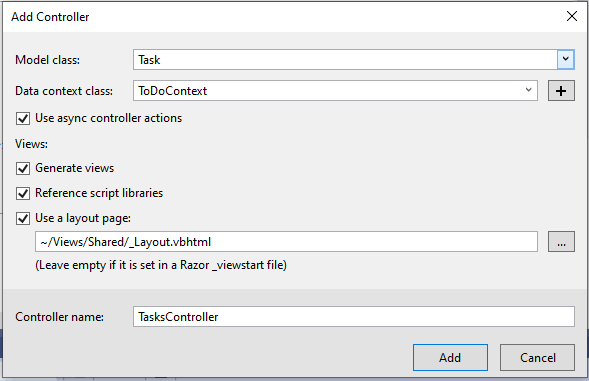 I entered the Model class name (Task) and the Data context class (ToDoContext).