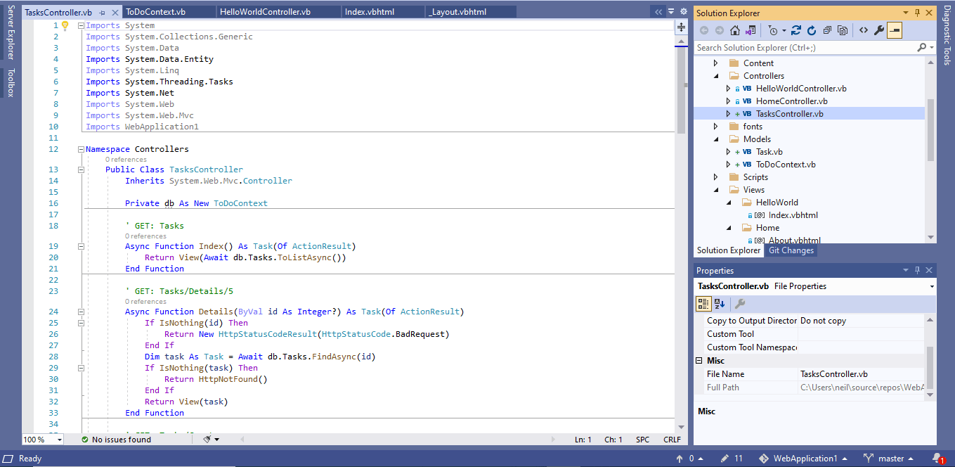 The controller functions includes Index. The TaskController.Index function will fetch all Tasks from the database and then display then using the corresponding Tasks/Index view