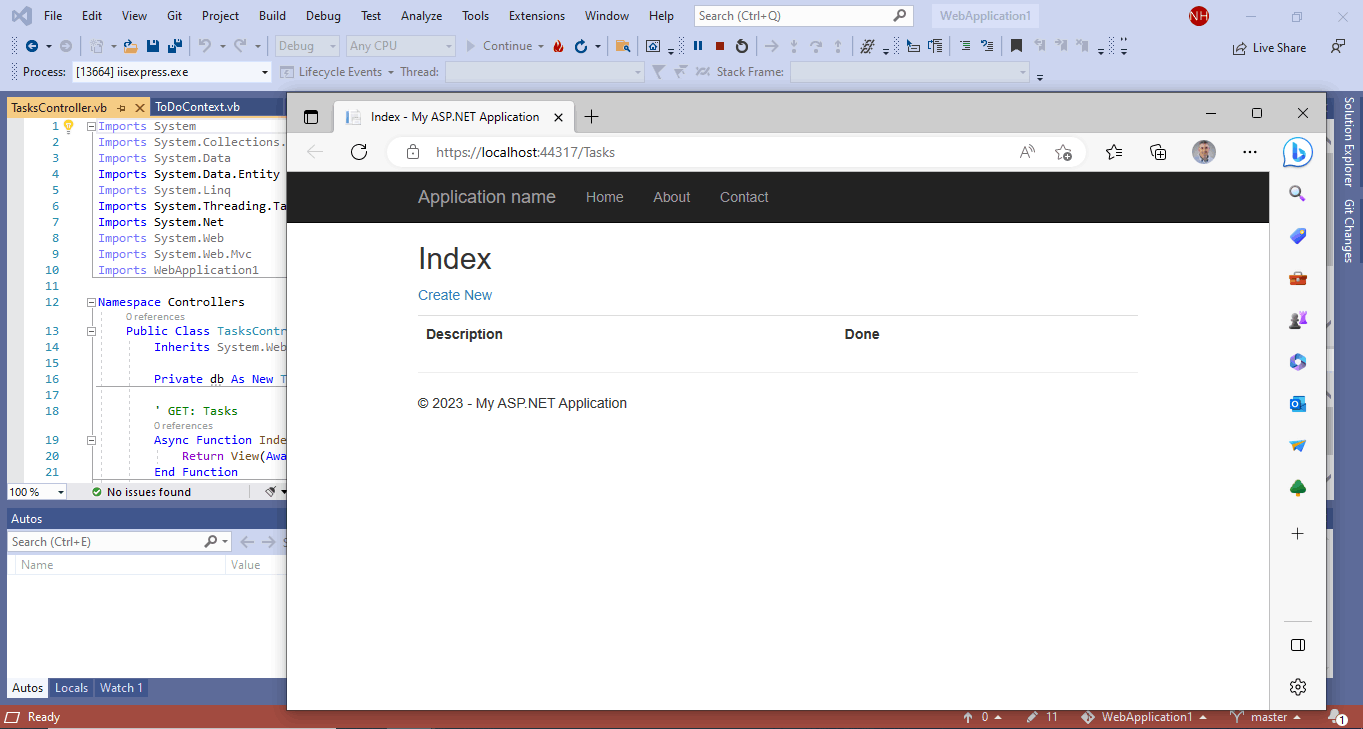 The TaskController.Index function is executed when a user navigates to /Tasks (see above)