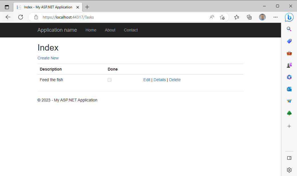The post handling function added the item to the database table and redirected the user back to the Index page.