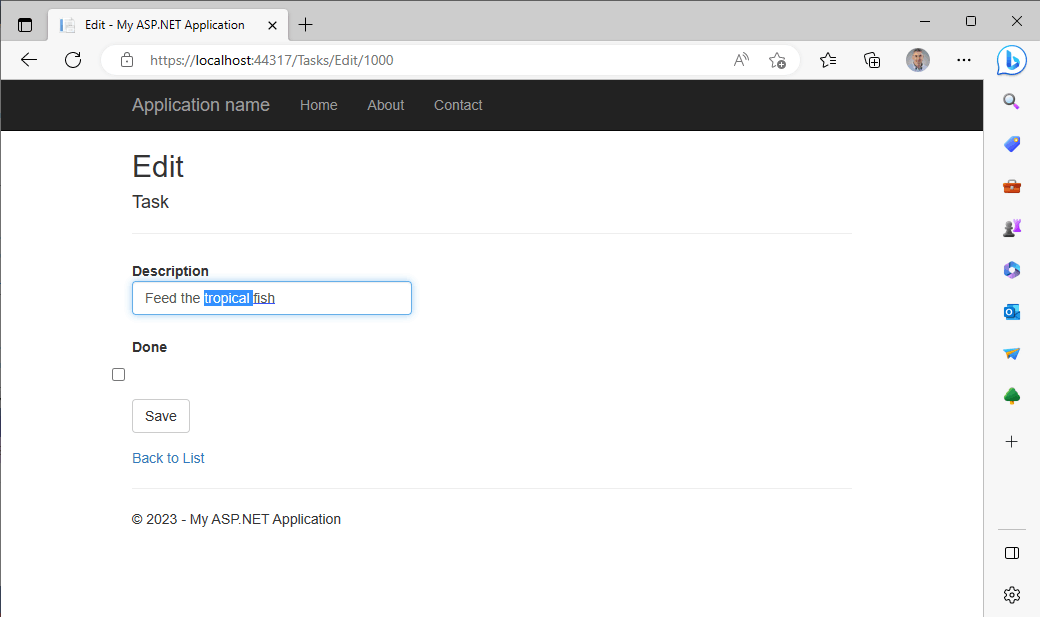 I used the generated Edit page to update the task.