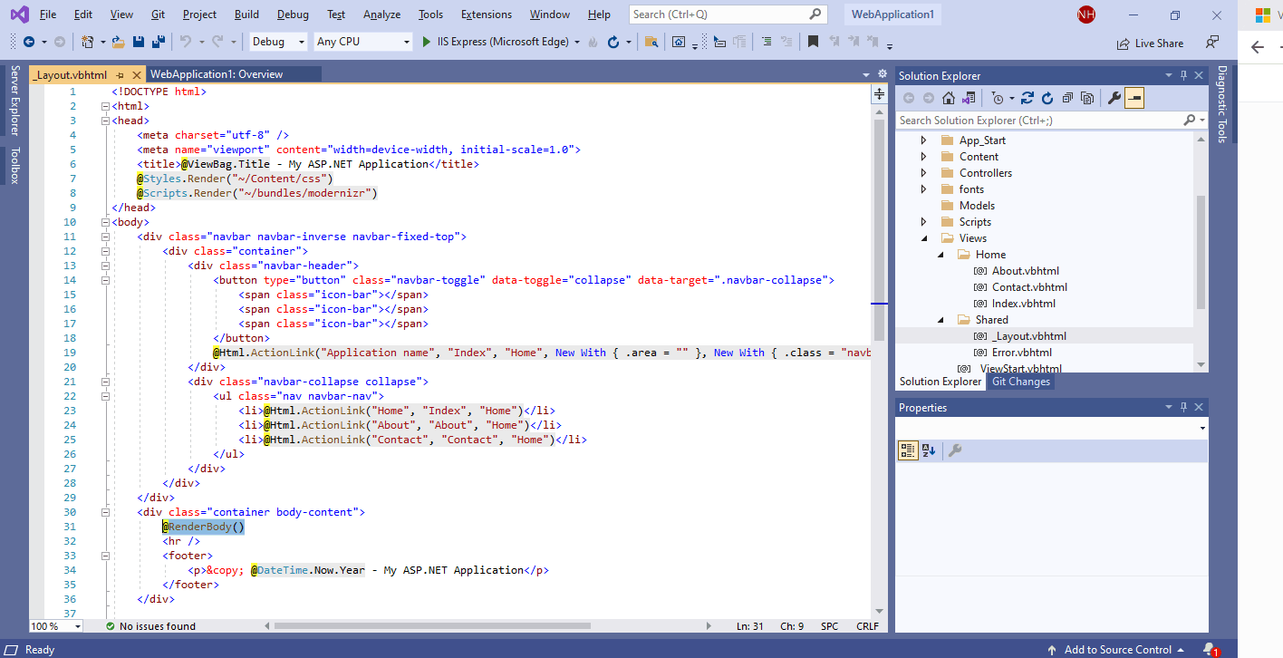The _Layout.vbhtml file provides a common web page framework and navigation