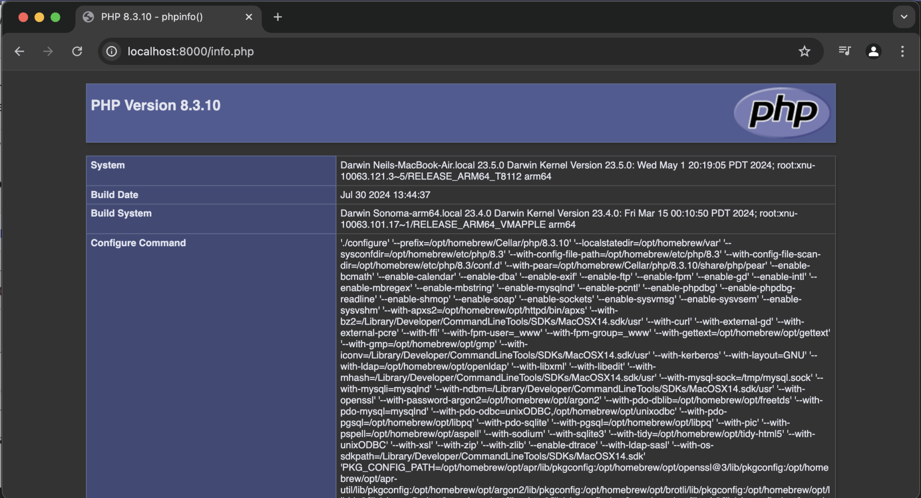 phpinfo() is used to check configuration settings