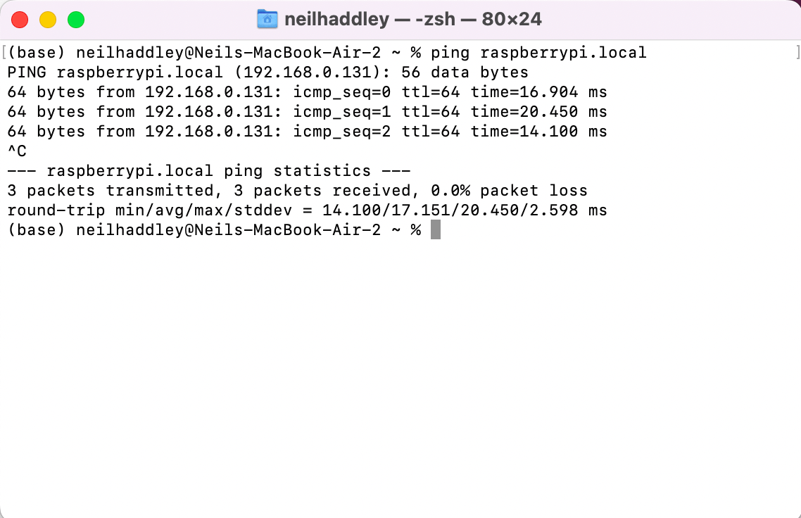 I used ping to check that the Raspberry Pi was connected to the network
