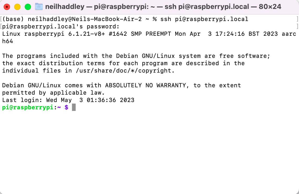I connected to the Raspberry Pi using SSH