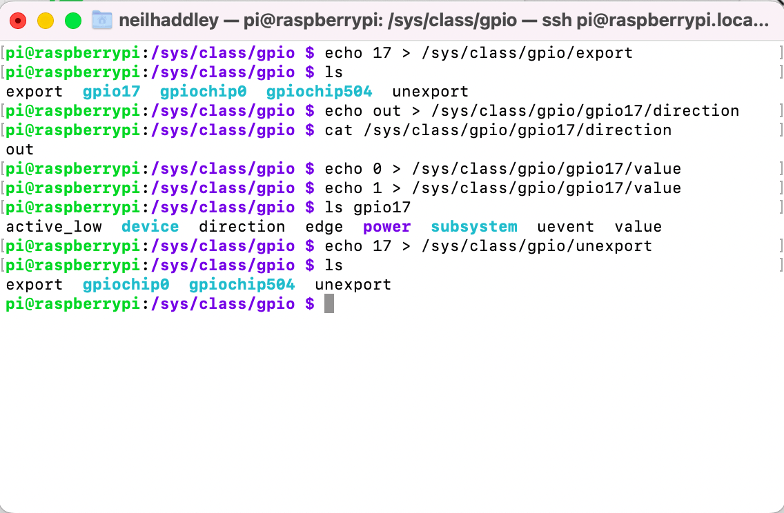 Controlling GPIO 17 (Pin 11) using a remote SSH terminal