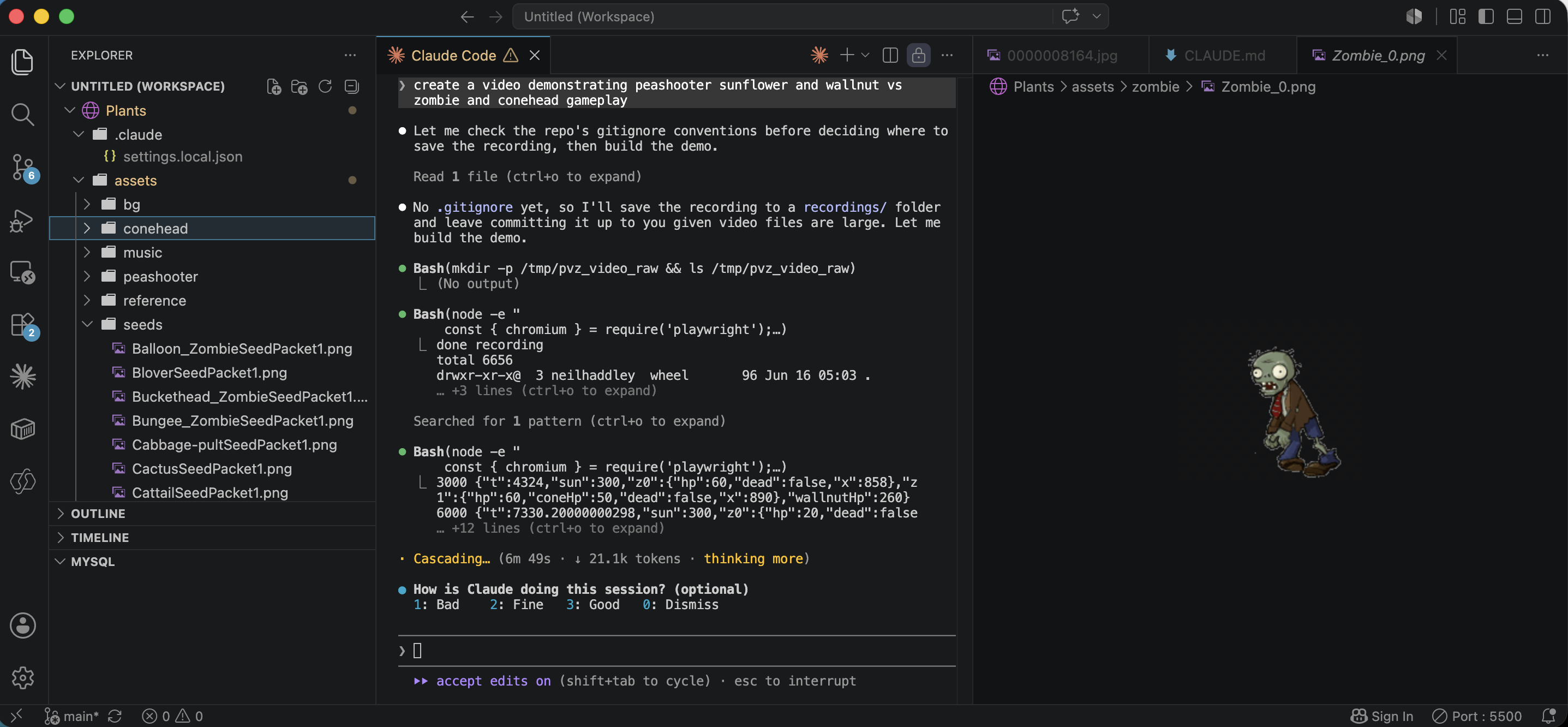 I asked Claude Code to create a video demonstrating sunflower and walnut vs zombie and conehead gameplay, and checked the .gitignore conventions before recording the demo