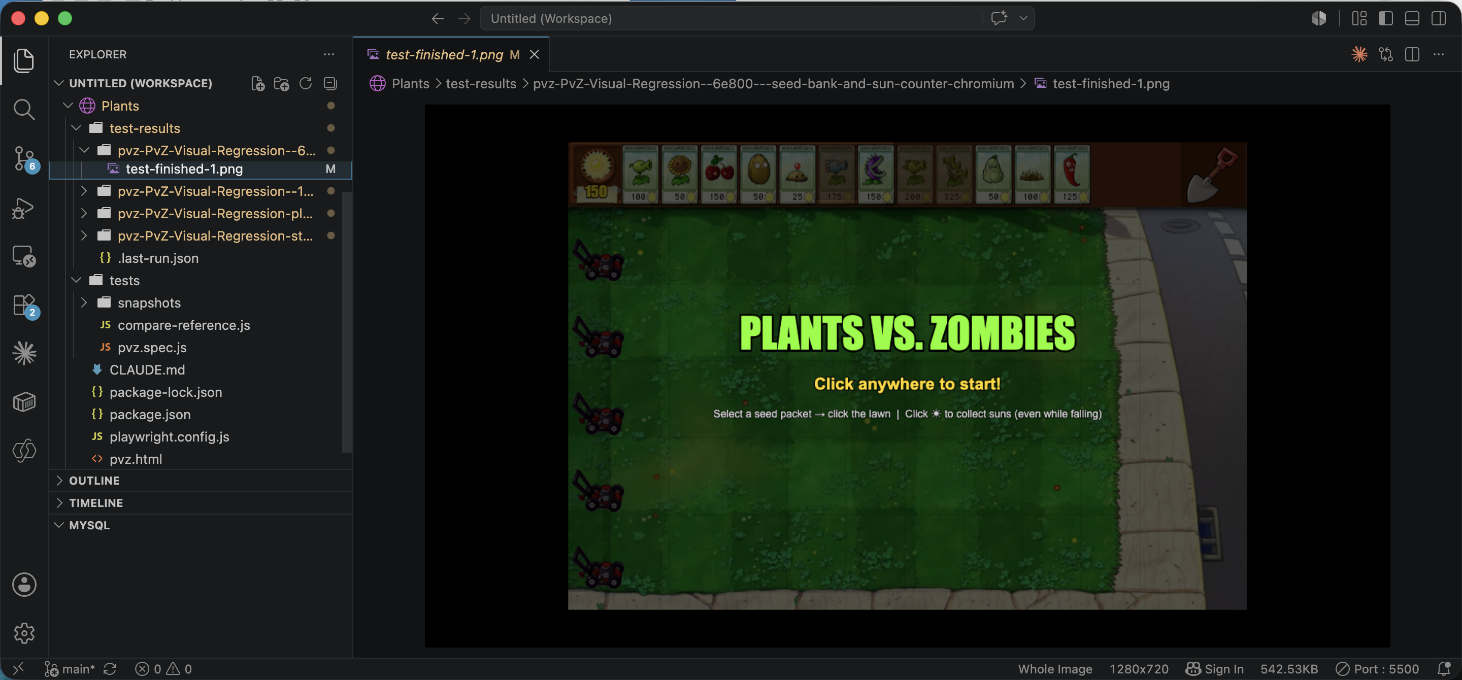 I generated a visual regression test that compares the finished game screen against a reference Plants vs. Zombies image