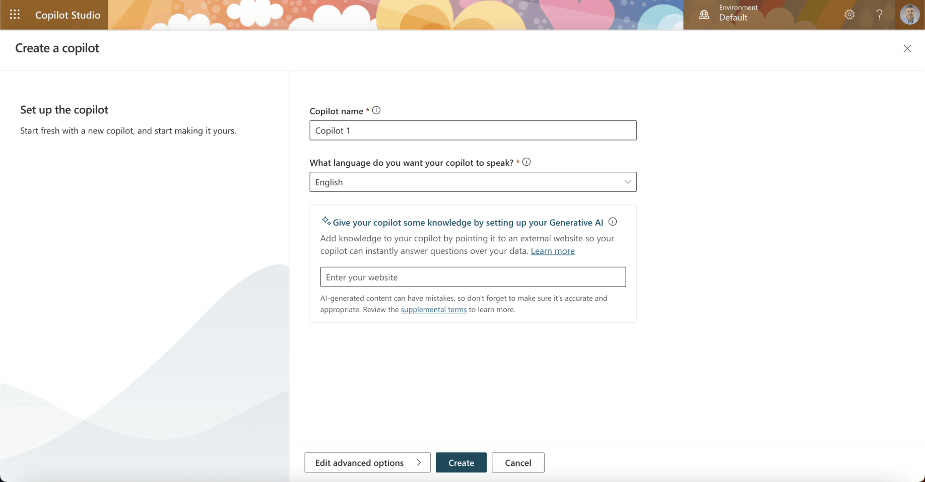 I accepted the default name. I did not provide a web site URL