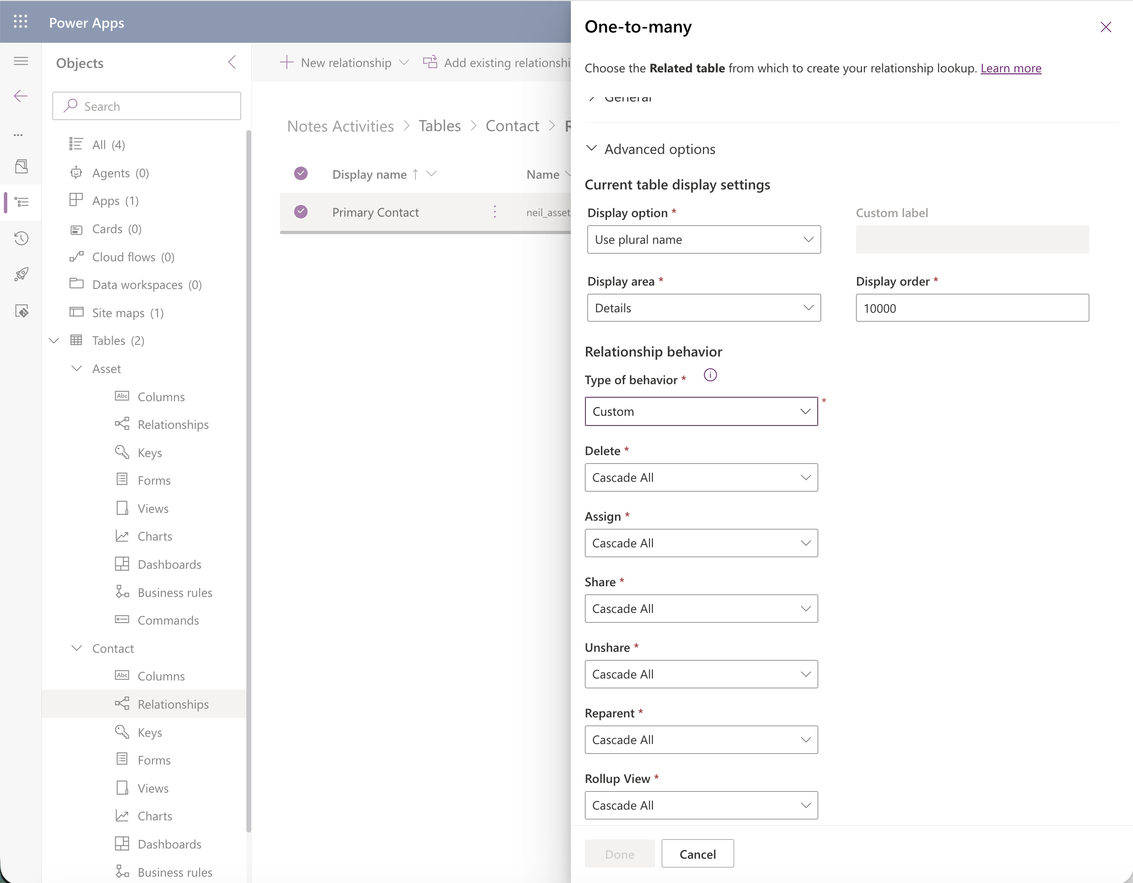 Viewed from Contact's side, the relationship showed as Custom behavior with Rollup View among the cascade settings