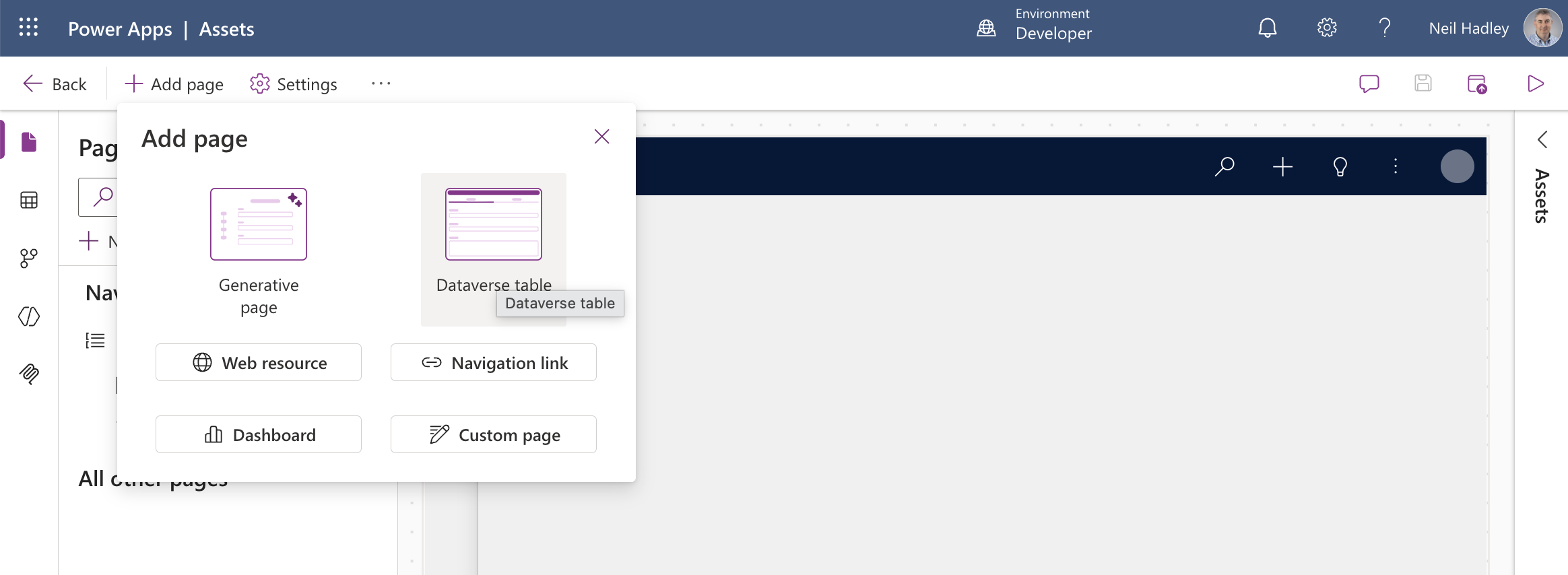 I selected Add page > Dataverse table again, this time for Contact