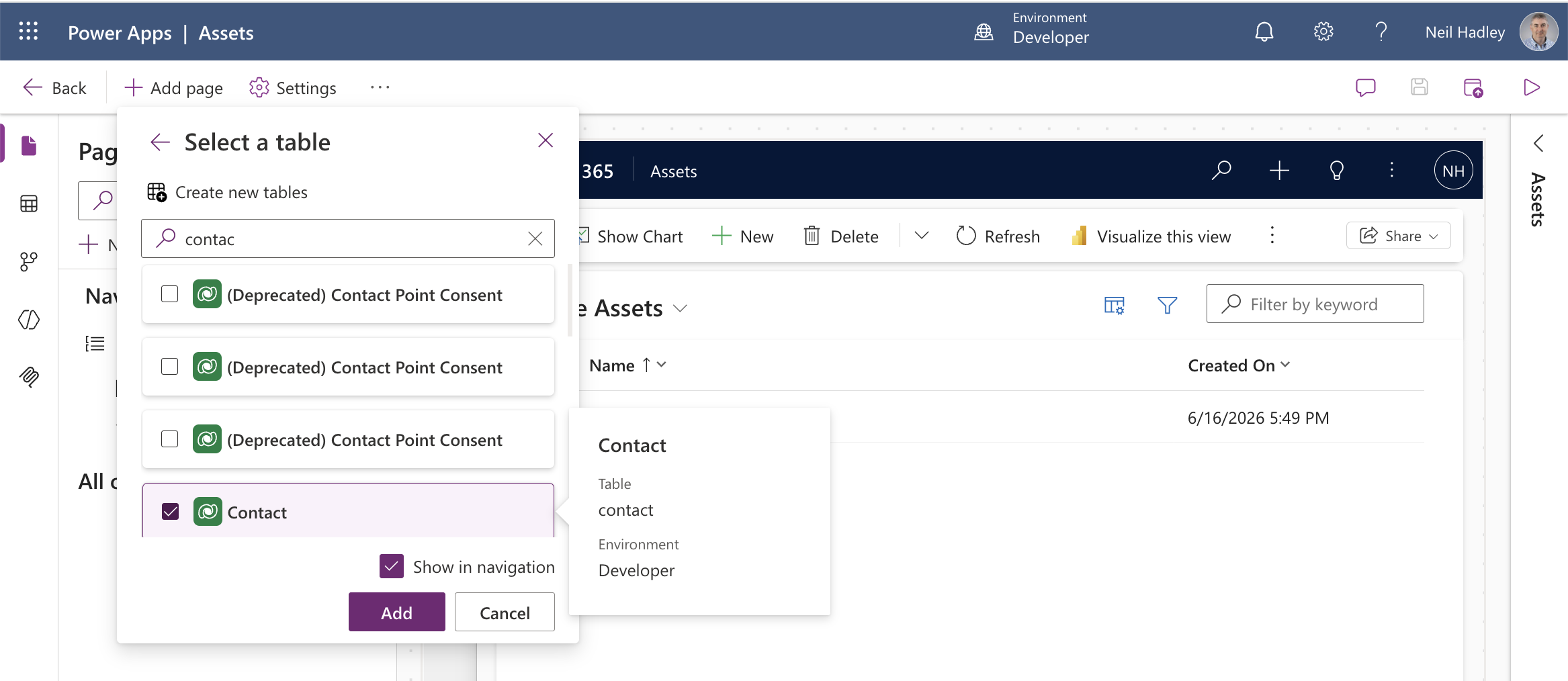 I added the Contact table to the Assets app