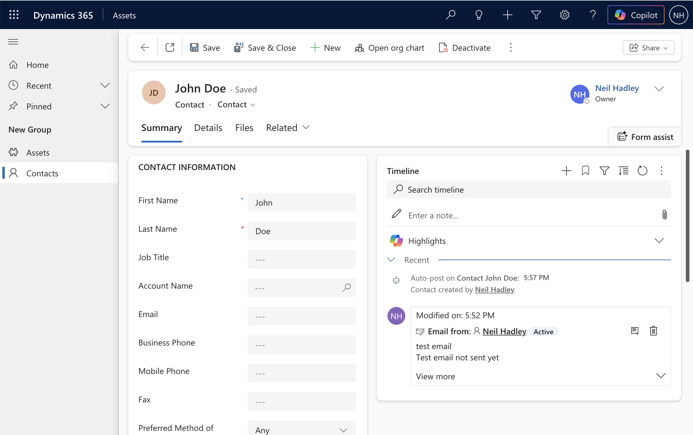 John Doe's timeline showed the test email rolled up from the related Asset record