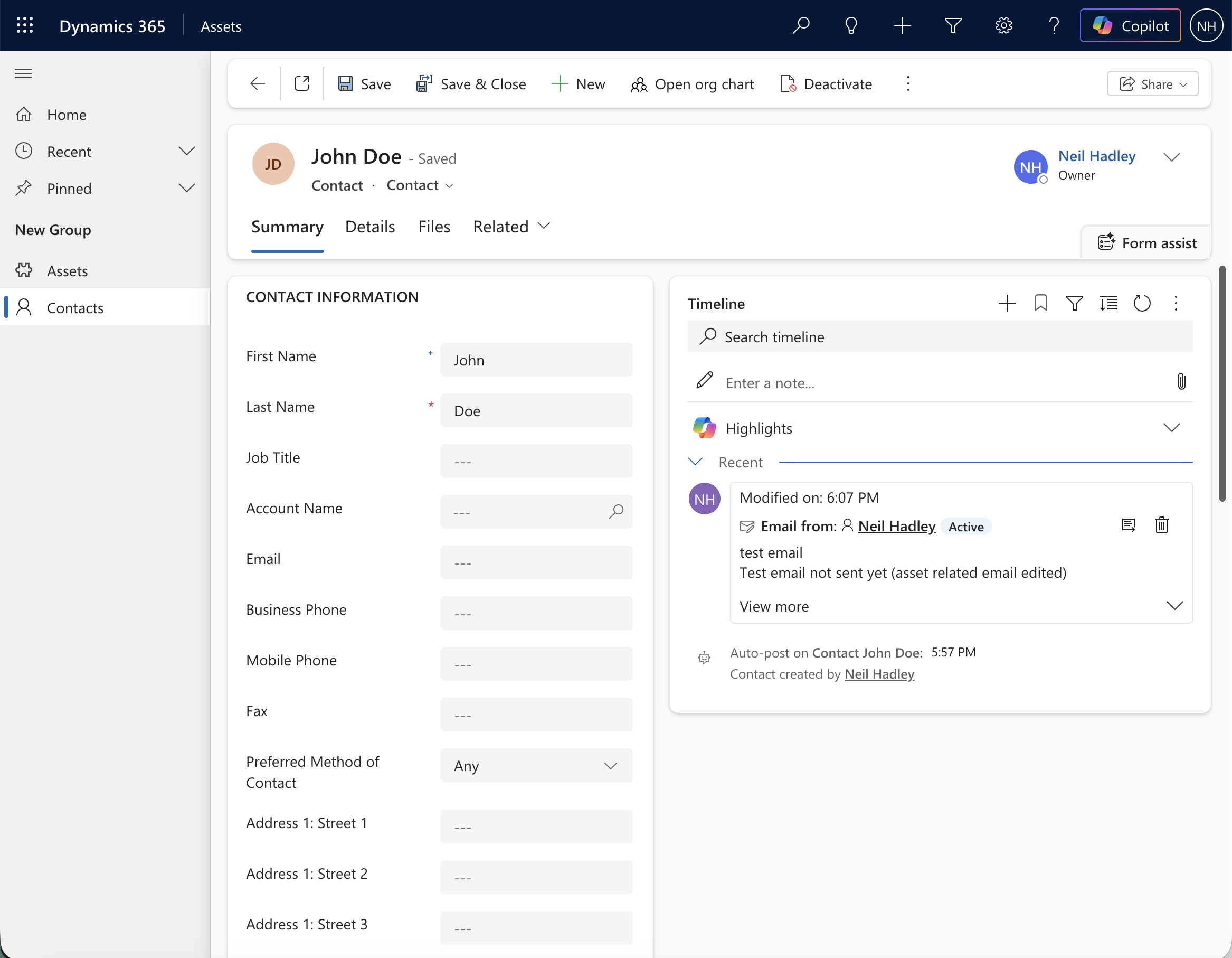 The edited email persisted on Contact's timeline, but the note stayed Asset-only