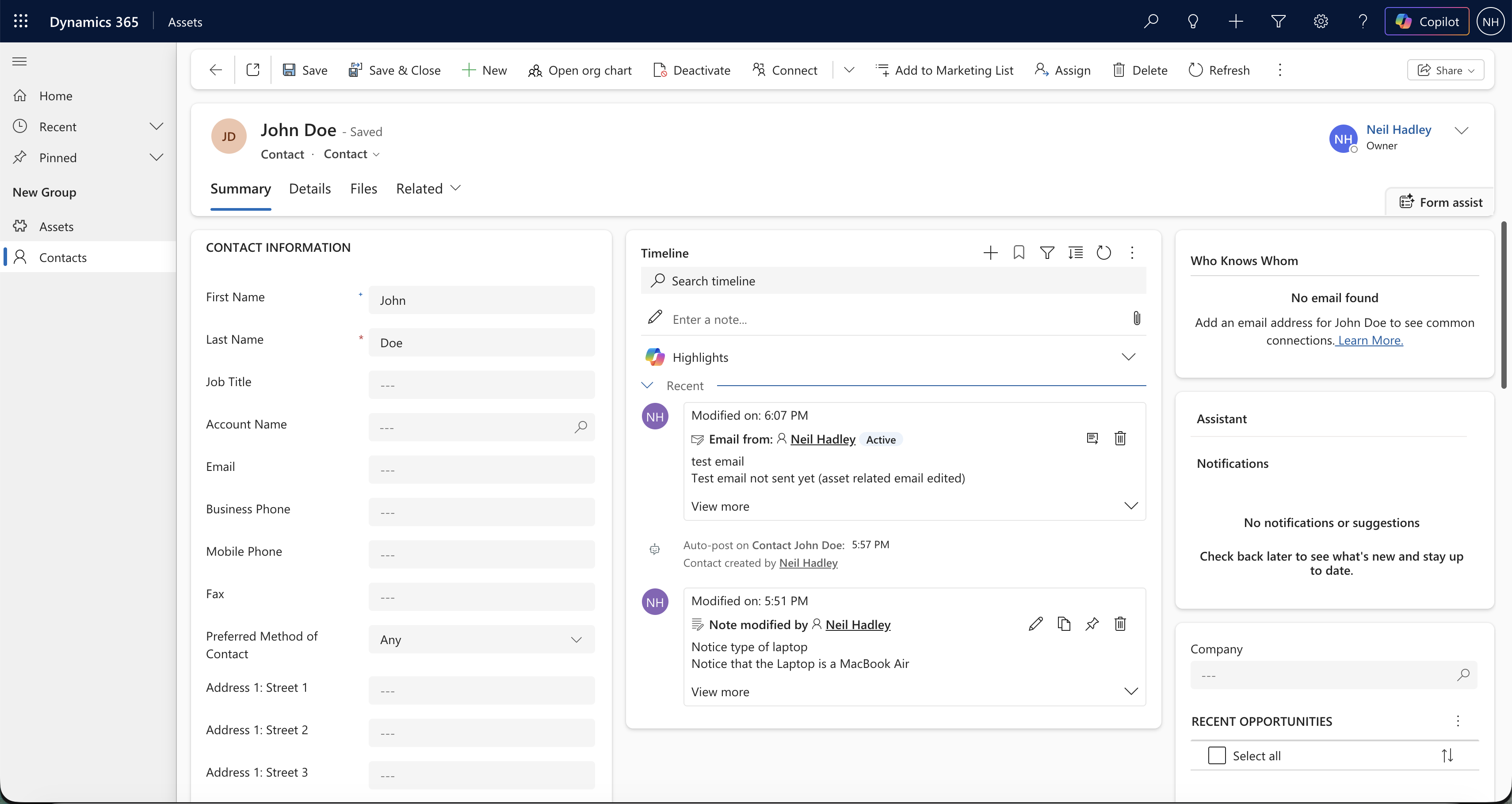 John Doe's timeline now showed both the email and the note rolled up from the related Asset record