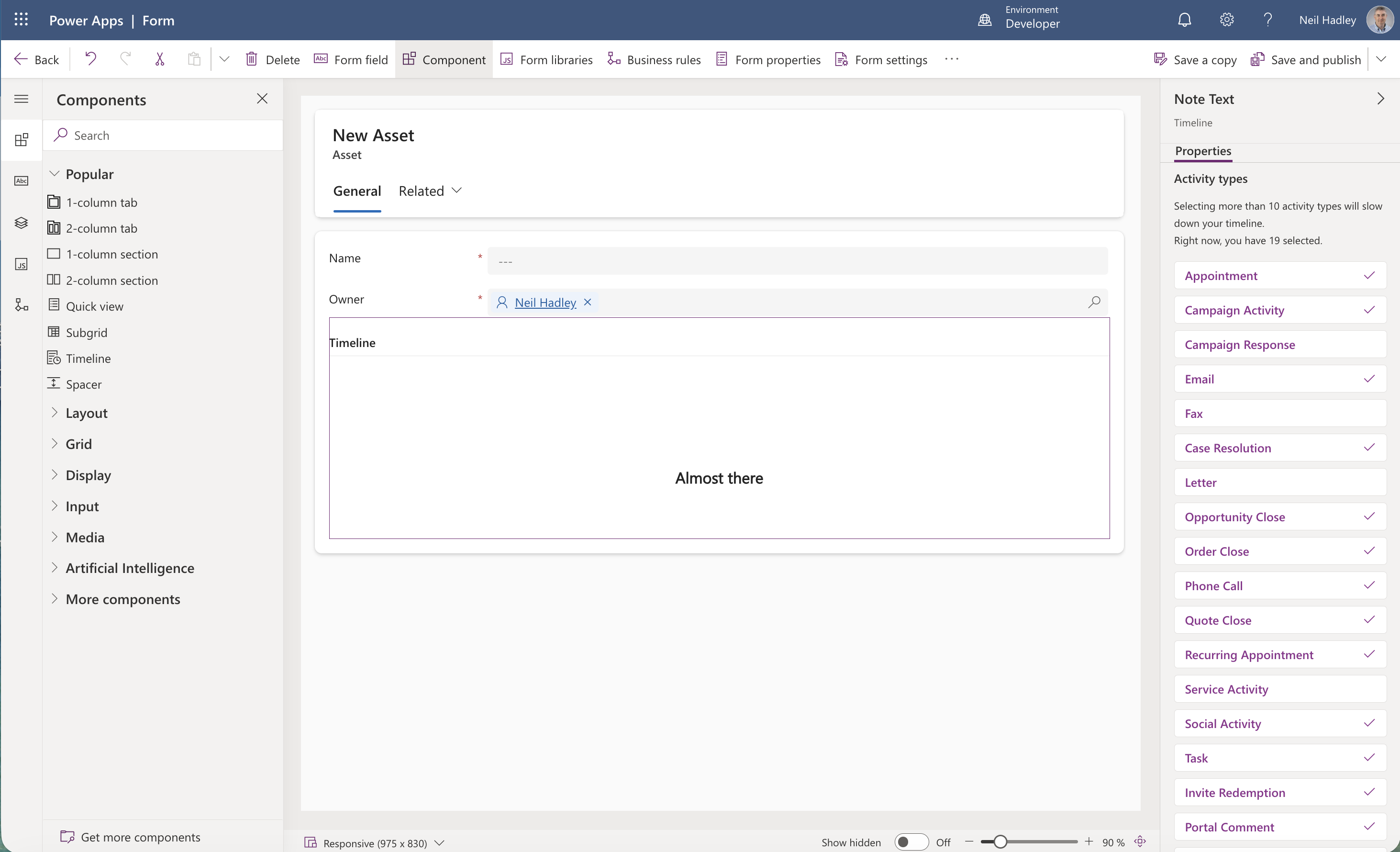 The Activity types list showed 19 activity types enabled by default