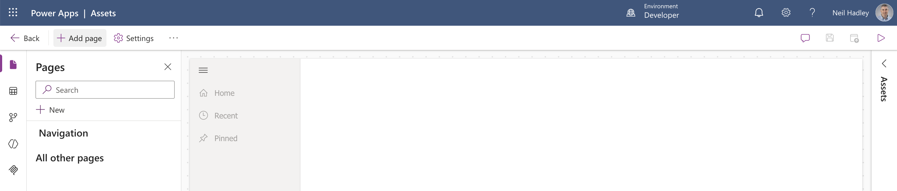 The Assets app opened in the app designer with no pages yet