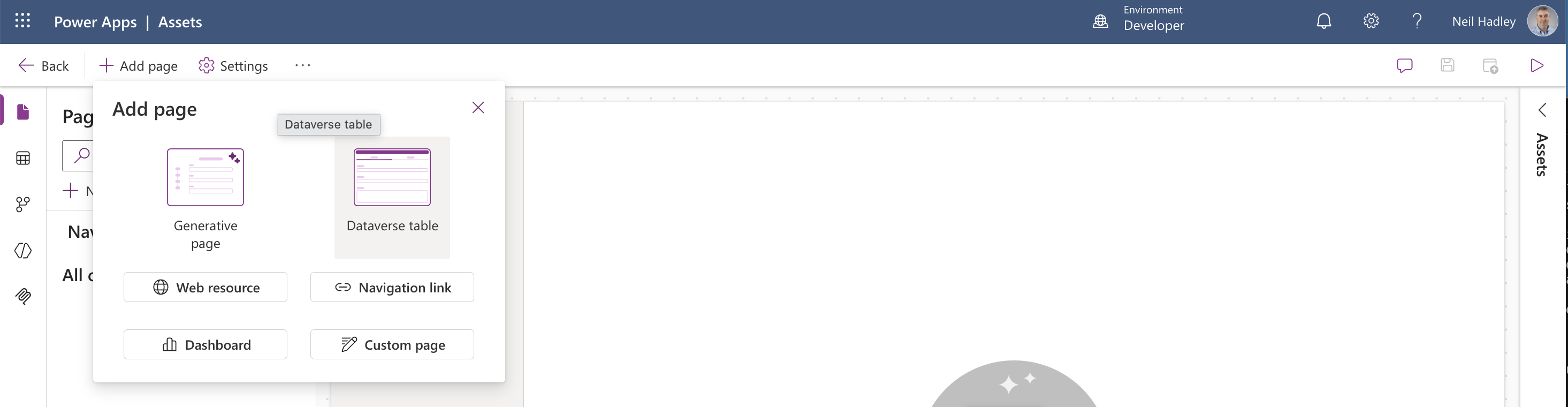 I selected Add page > Dataverse table