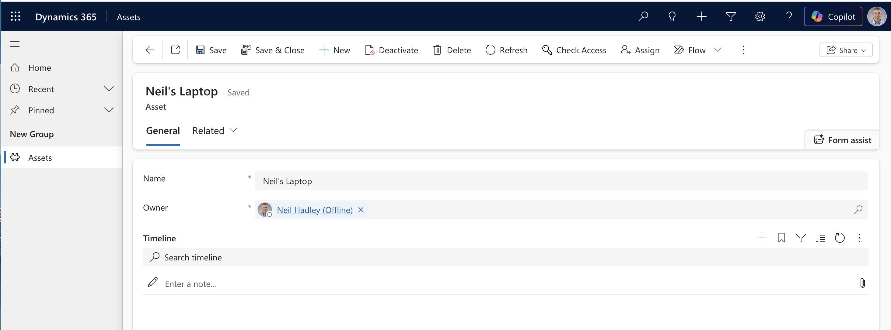 Once saved, the timeline became active with a search bar and a note field