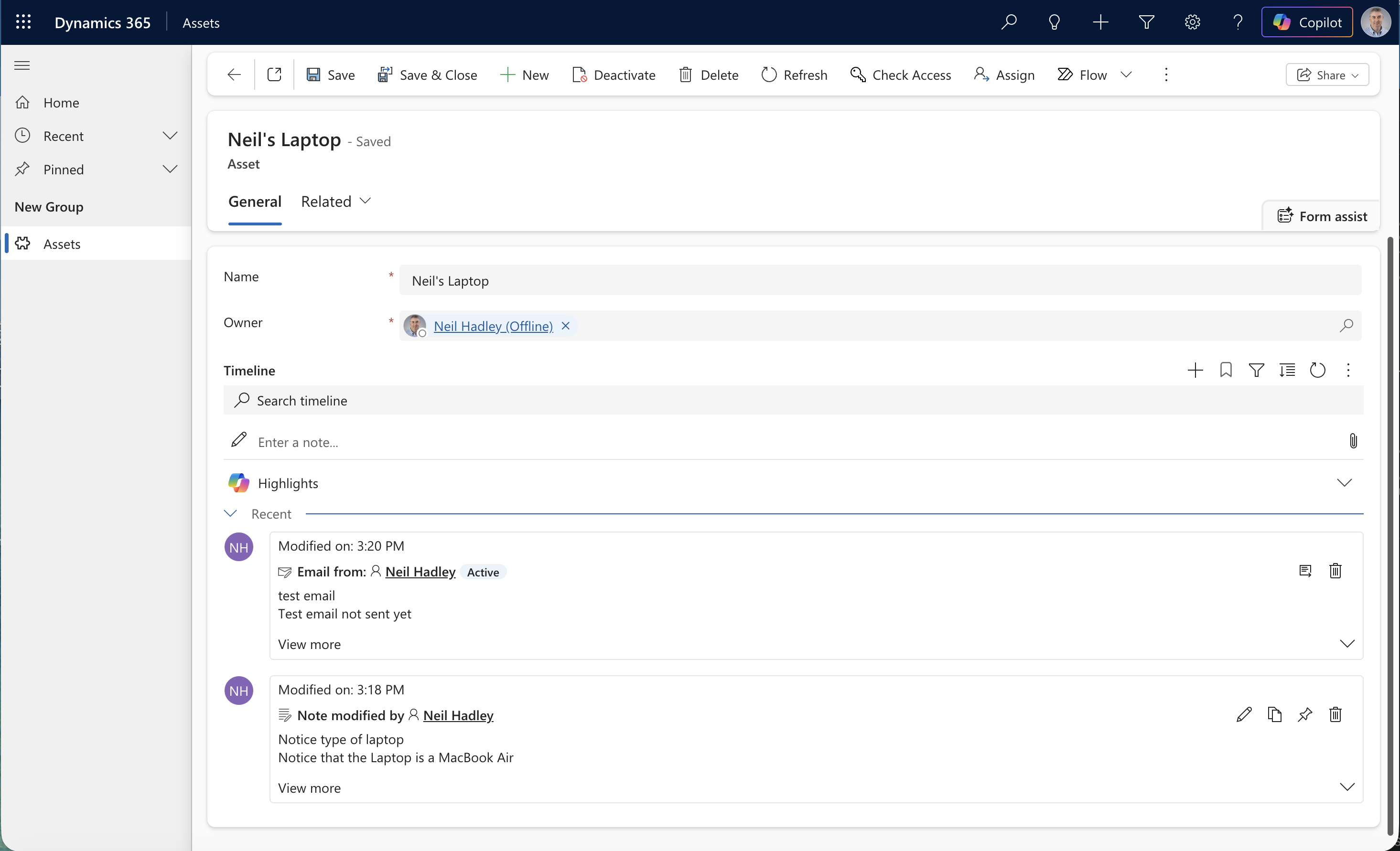 The Asset's timeline showed both the email and the note together