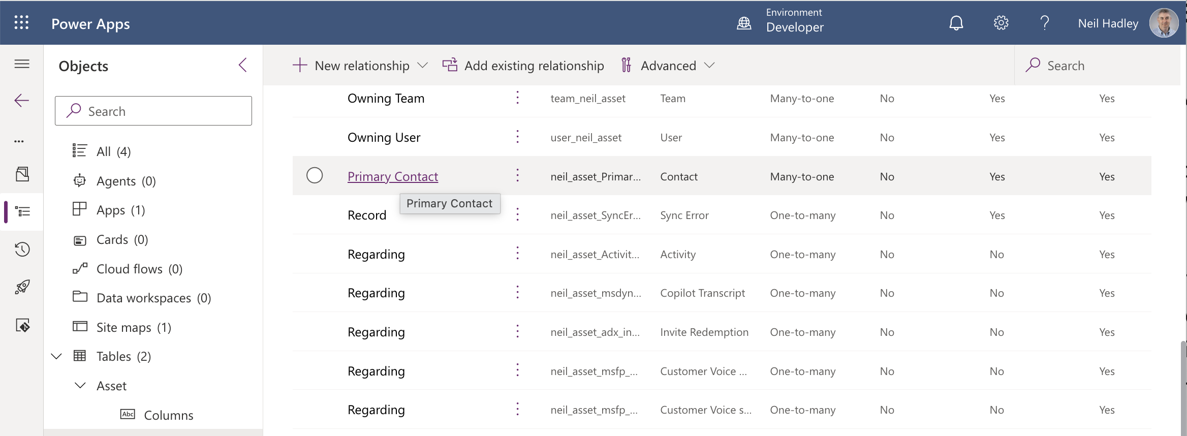 I opened the Primary Contact relationship from the Asset table's Relationships list