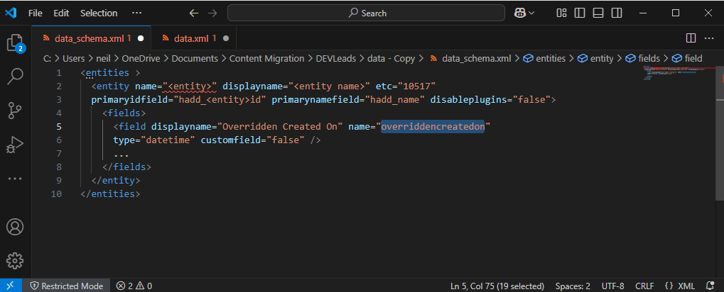 Schema should be updated replacing createdon with overriddencreatedon