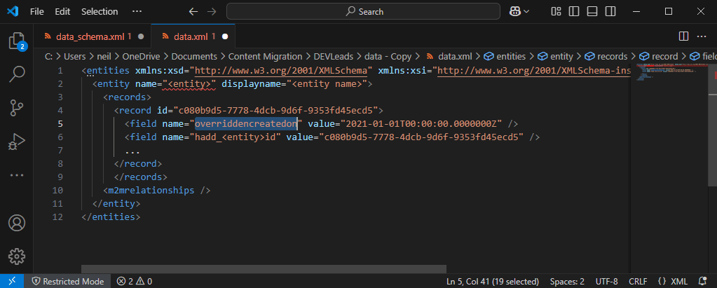 The data.xml file should be updated to replace createdon with overriddencreatedonNotice that the created on field will only be set when the record is being imported for the first time