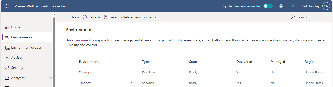 In this example there are two Power Platform Environments.