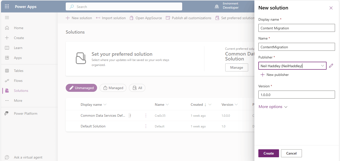I created a Power Platform solution in the Developer Environment