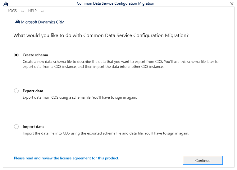 I returned to the Configuration Migration Tool selecting the Create schema option