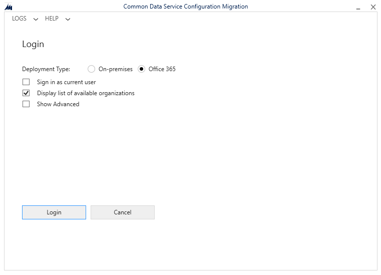 I selected the Display list of available organizations (Environments)