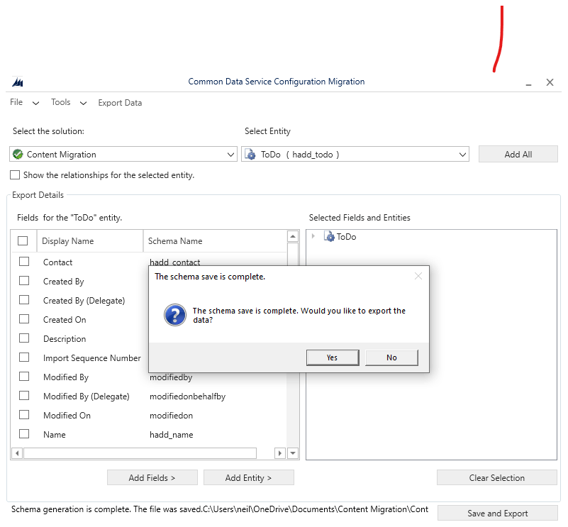 I clicked Yes to export the contents of the ToDo list