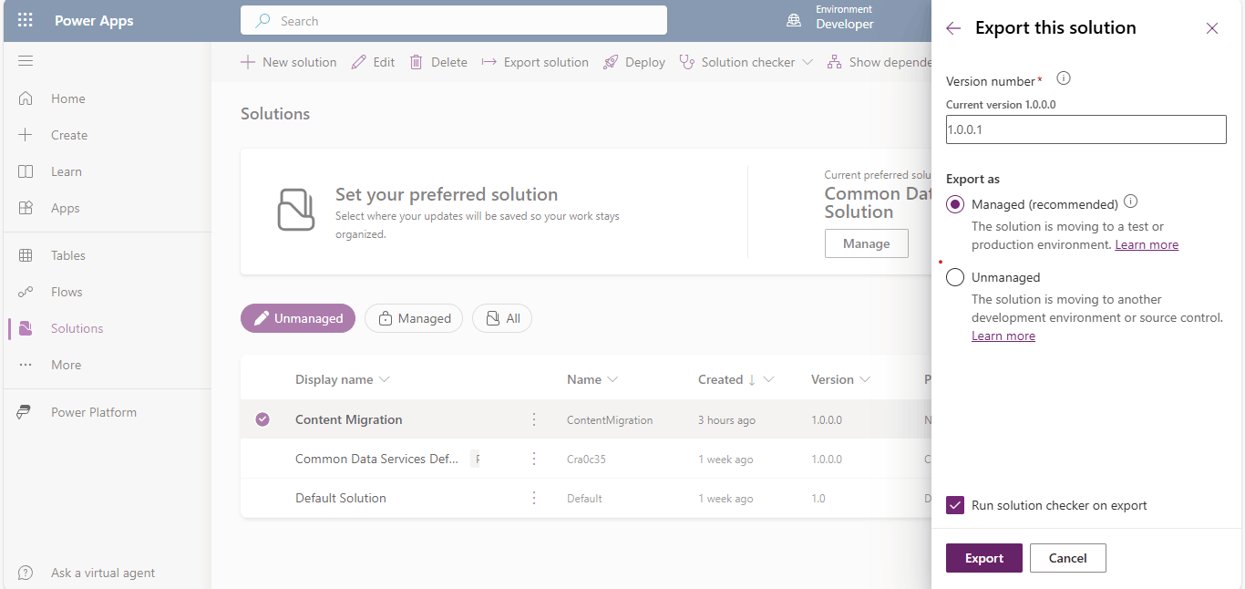 I exported the Content Migration solution from the Developer environment
