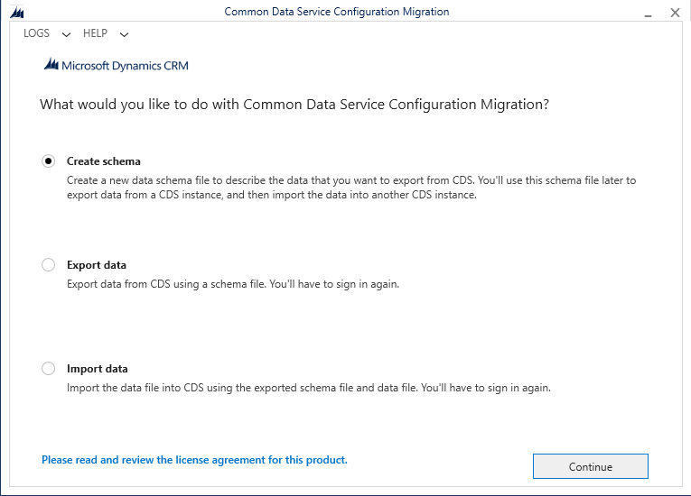 I selected the Create schema option and clicked the Continue button