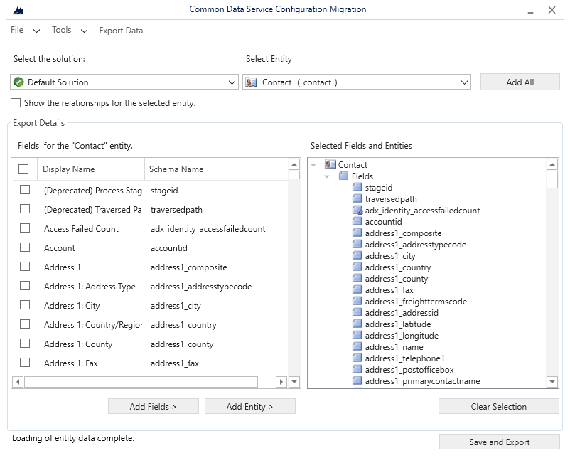 I selected the Contact list, clicked the Add Entity button and then clicked the Save and Export button