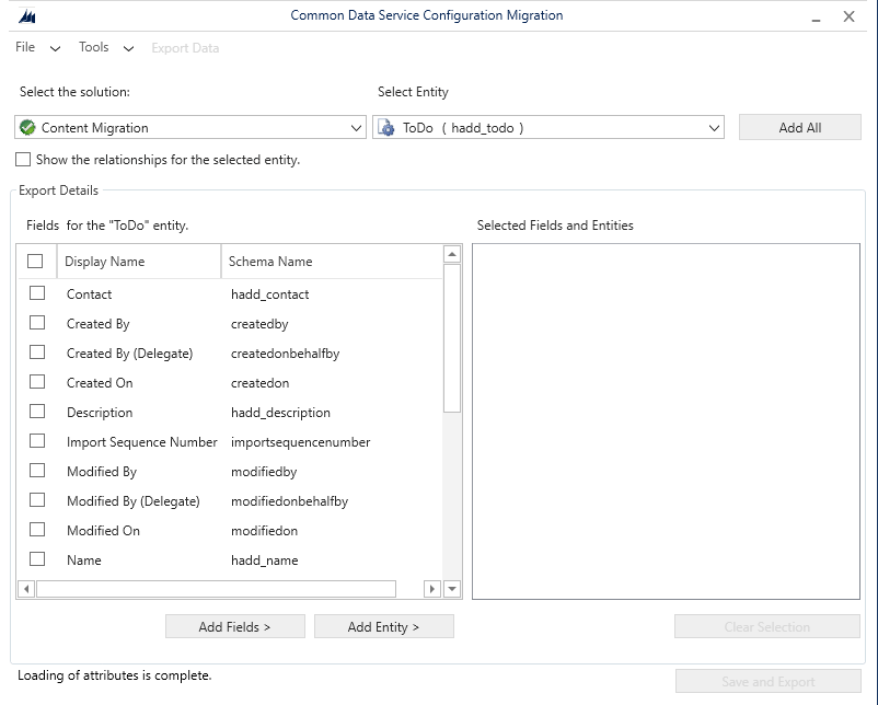 I selected the Content Migration Solution and the ToDo entity